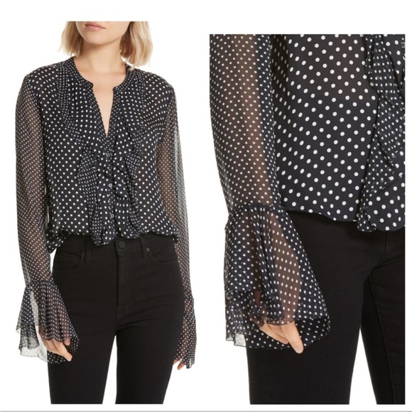 Joie Black White Polka Dot Ruffled “Darek” Blouse Romantic Sheer Sleeves Large - Picture 1 of 14